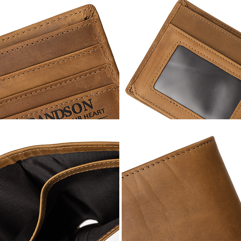 定制厂家疯马皮跨境证件包RFID头层牛皮零钱包男短款真皮男士钱包