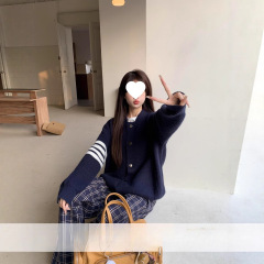 橘子树在哪儿学院风四杠撞色毛衣外套女秋冬休闲显瘦情侣针织开衫