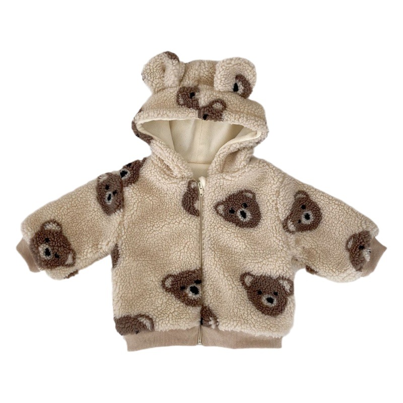 Invierno de los niños en línea celebridad bebé forrado de lana mono lindo bebé oso con capucha felpa mameluco ropa de salida caliente