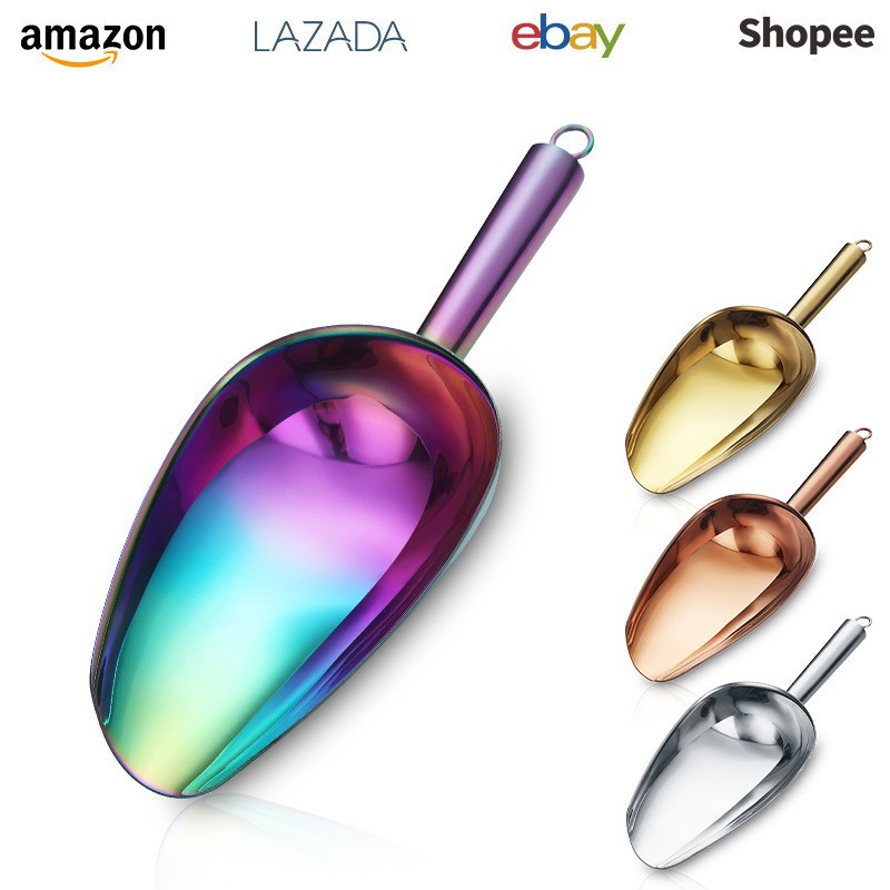 Stainless Steel Ice Scoop Spoon for Home Use, Supermarket Thickened Food Scoop for Dried Fruits, Grains, Flour, Rice, Colorful Flat-Bottomed Tea Scoop