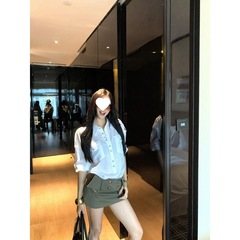白色亚麻polo领长袖衬衫女秋季后背绑带宽松衬衣小众休闲开衫上衣