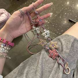 ins风甜美格纹花朵趣味挂绳少女个性创意秋冬斜挎手机链挂件饰品
