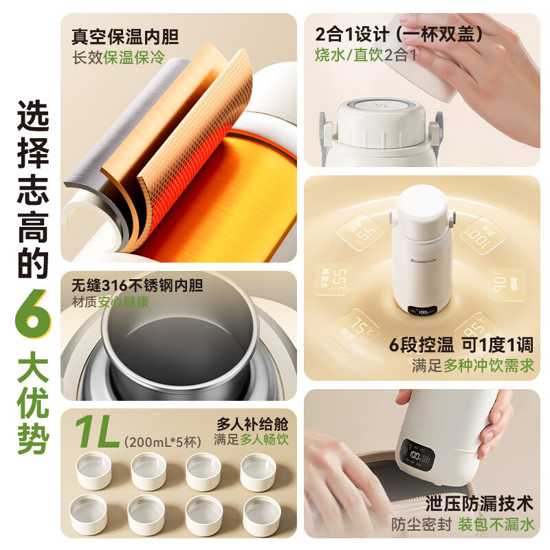 Taza de agua caliente eléctrica Chigo portátil 1L viaje de negocios temperatura constante agua caliente eléctrica pantalla digital control de temperatura multietapa taza de agua caliente eléctrica