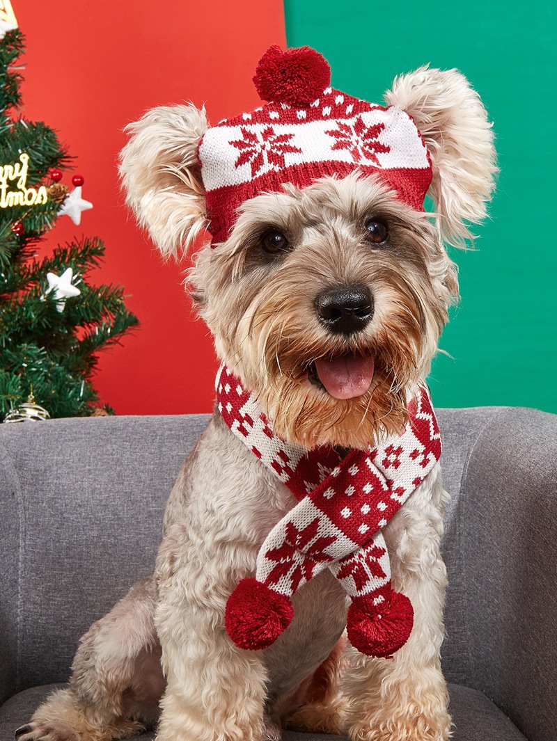 Natal novo cão de estimação malha bonito quente bola de pelo floco de neve triângulo xadrez multi cor cachecol chapéu conjunto_voghion.com