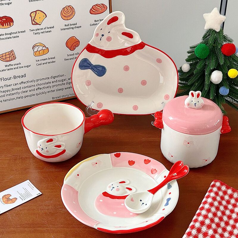 女の子向けの手描きの高級食器、かわいい寮のボウル、陶器の食器セット、皿、スプーン、ヨーグルトボウル、カップ|undefined