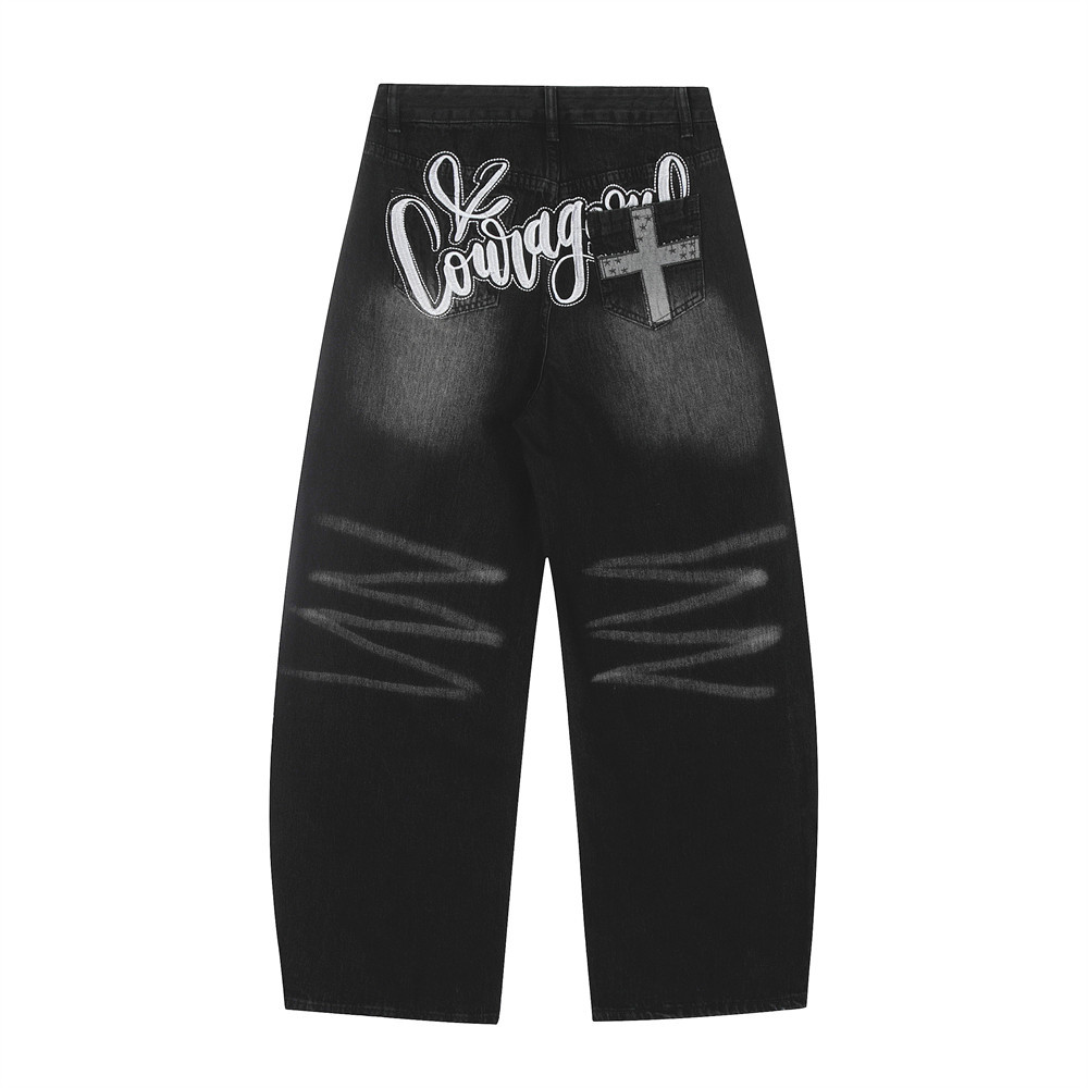 Men's Loose Fit Streetwear Denim Pants With Embroidery & Dagger Charm - Hip Hop Washed Jeans For Casual Wear (Black, S-4XL)_mkmklike.com