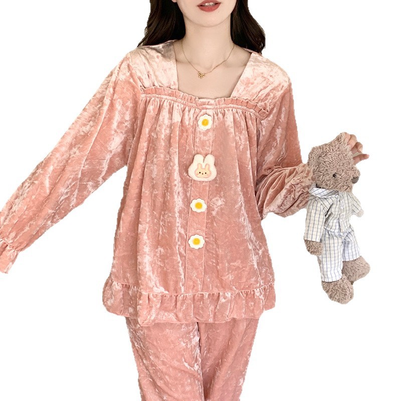 金丝绒睡衣女春秋季新款带胸垫一体长袖甜美公主风宽松家居服套装|undefined