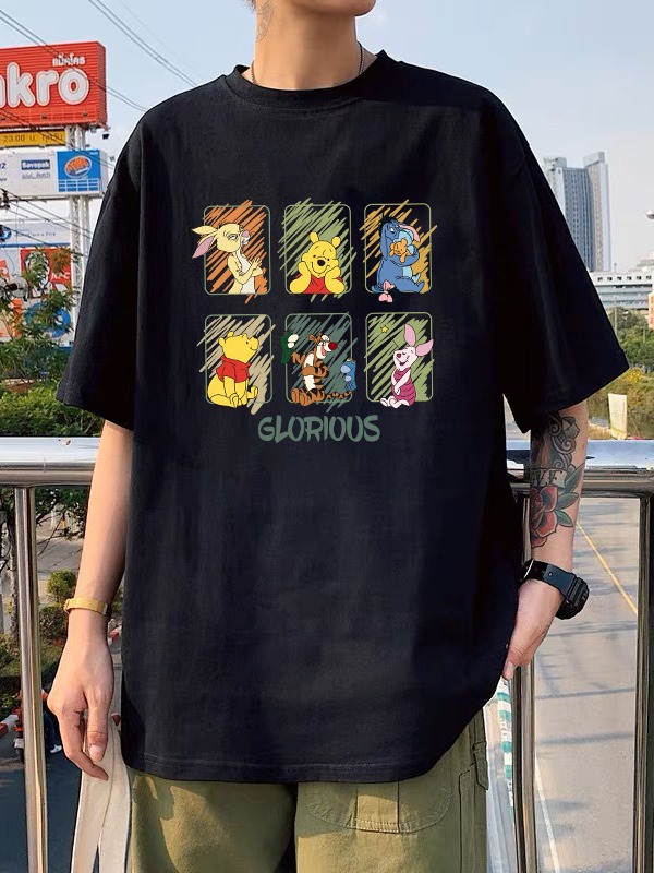 Hong Kong estilo de dibujos animados de seda de hielo negro pareja de hombres y mujeres mismo manga corta Camiseta cuello redondo de moda de los hombres todo partido ropa superior casual image 1