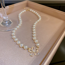韩国东大门时尚新款个性珍珠镶钻花朵项链颈链锁骨链网红气质项饰