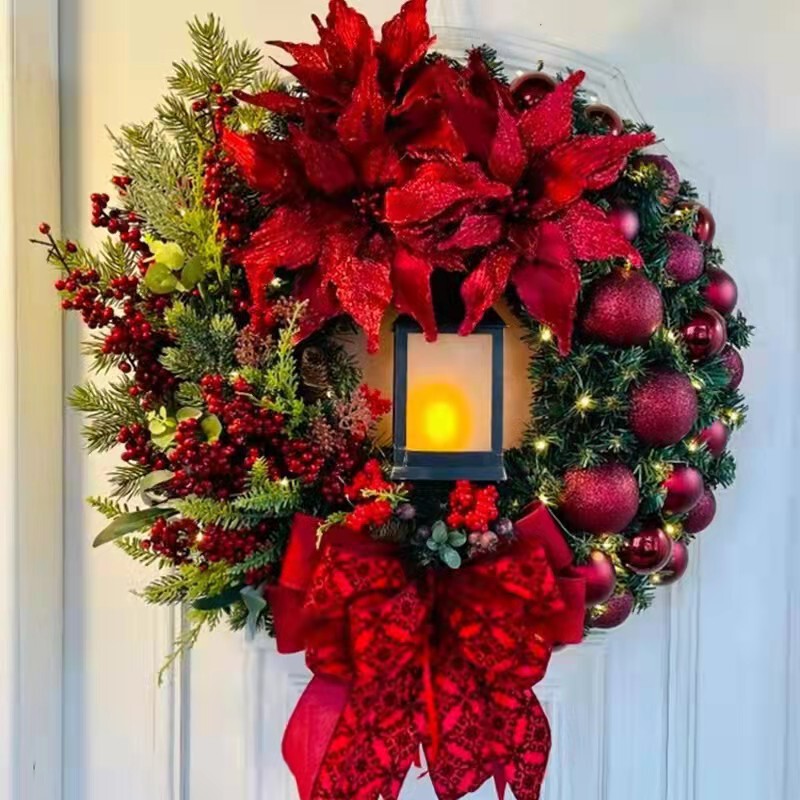 新しいクリスマスデコレーション、クリスマスオイルランプ、クリスマスレッドフラワー、クリスマスリース、ドアハンギング、クリエイティブな赤いリボン|undefined