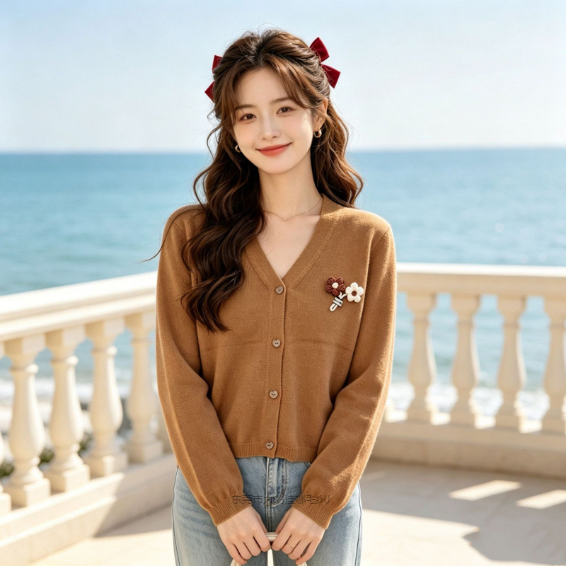 Three-dimensional floral decoration knitted cardigan V-neck new style puff sleeve sweater top slimming inner layer base shirt for women Three-dimensional floral decoration knitted cardigan V-neck new style puff sleeve sweater top slimming inner layer base shirt for women