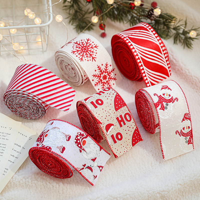 Ribbon de Navidad imitación de lino rojo y blanco decoración de cinta accesorios de arco de impresión de cinta de Navidad lino
