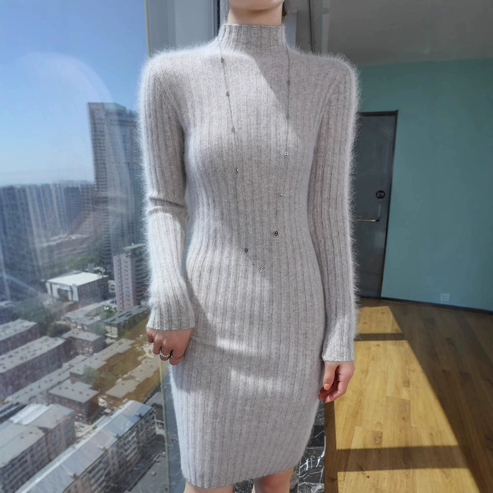 2025 весна и осень новый норковый шерстяной трикотажное платье с половинным вырезом