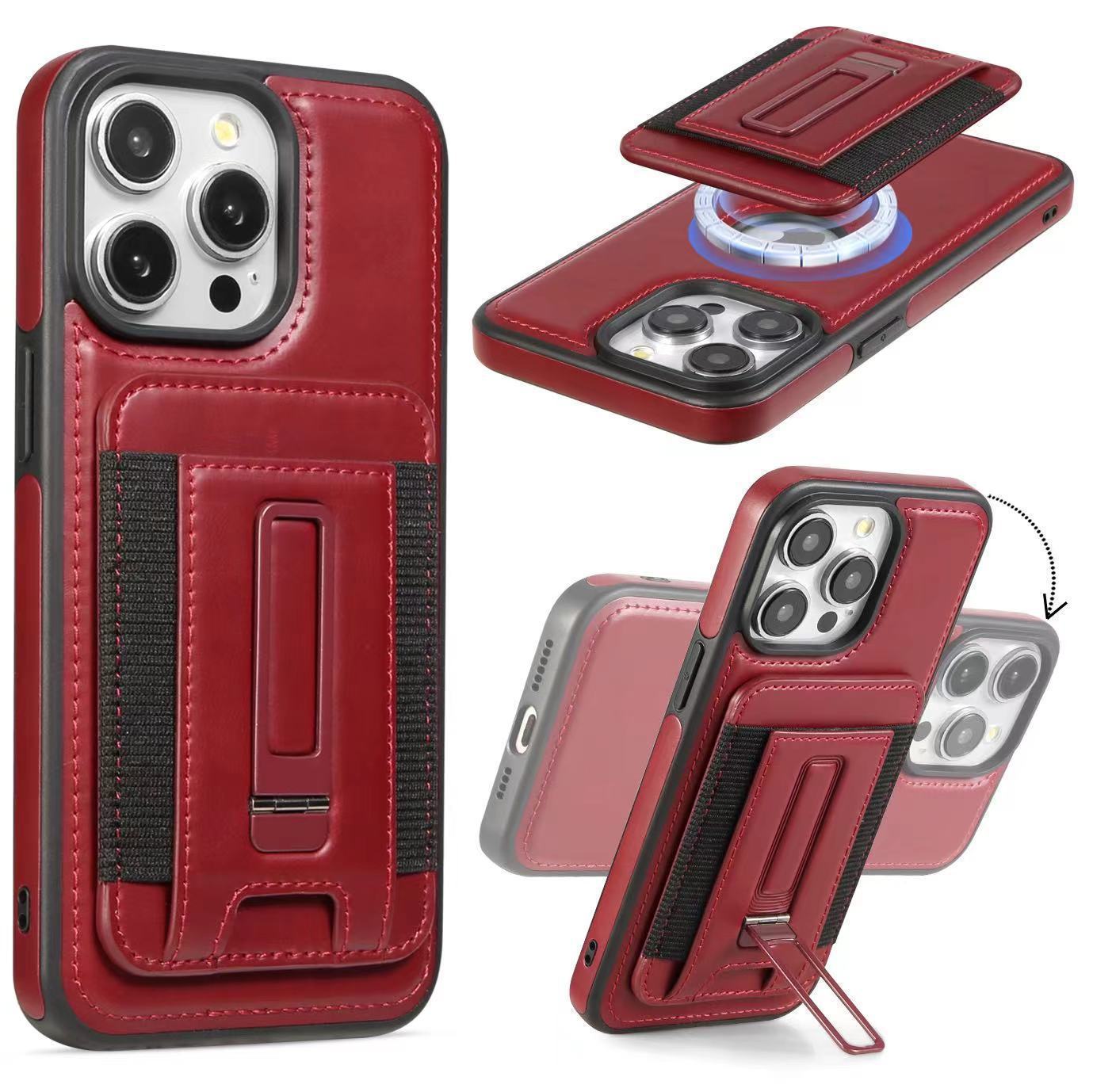 Ốp lưng iPhone 16 Pro Max chống sốc, bao da doanh nhân hút từ, có giá đỡ, đựng thẻ — Màu đỏ, Màu đen, Bao da giá đỡ nhãn rò rỉ màu xanh lam, Màu nâu