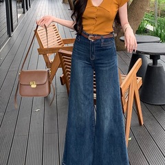 夏季新款复古阔腿牛仔裤女2025夏高腰不贴腿显瘦显腿长拖地裤