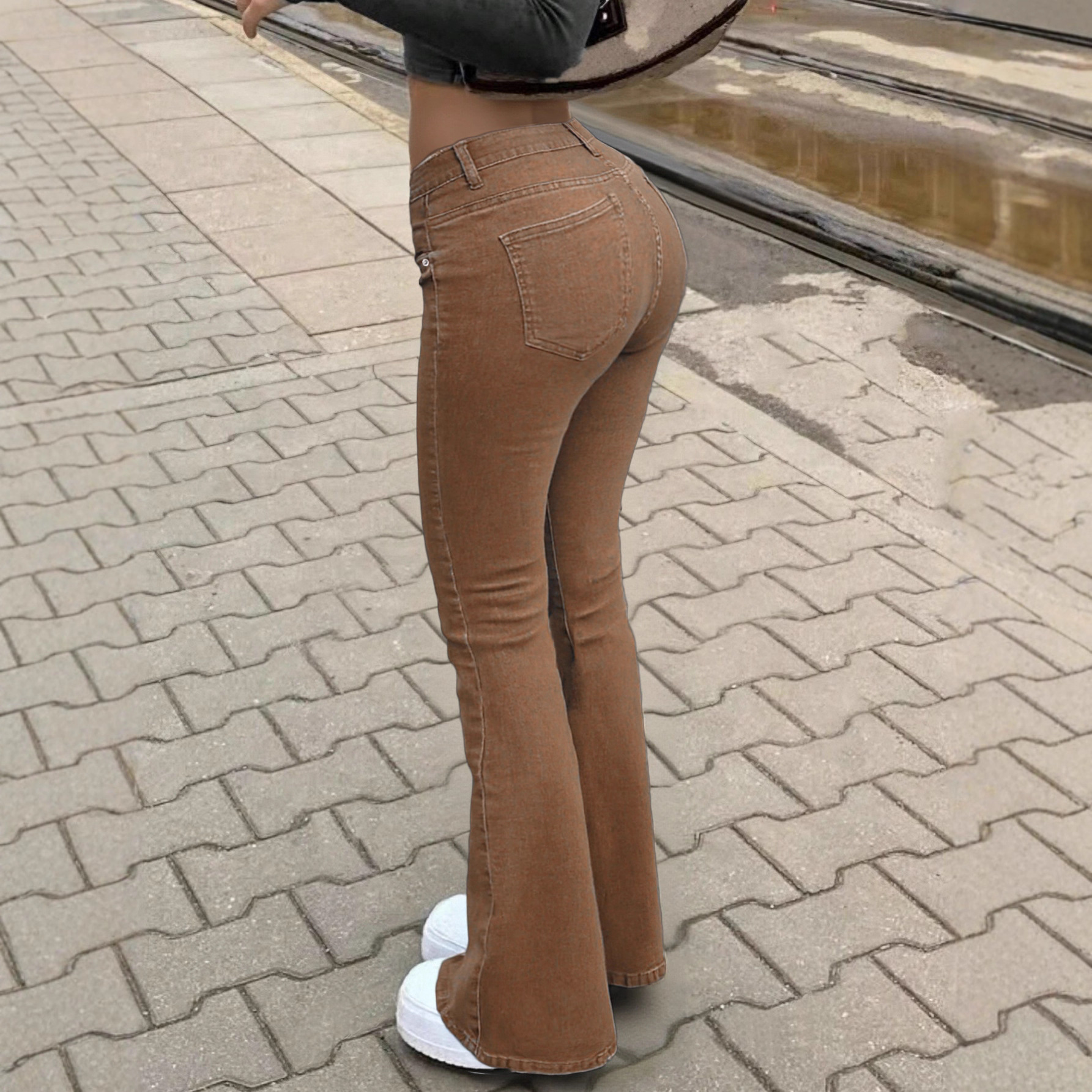 Women's Clothing Brown Flared Denim Jeans For Women, Autumn Slim Fit, Low Waist, Retro Casual Trousers_mkmklike.com
