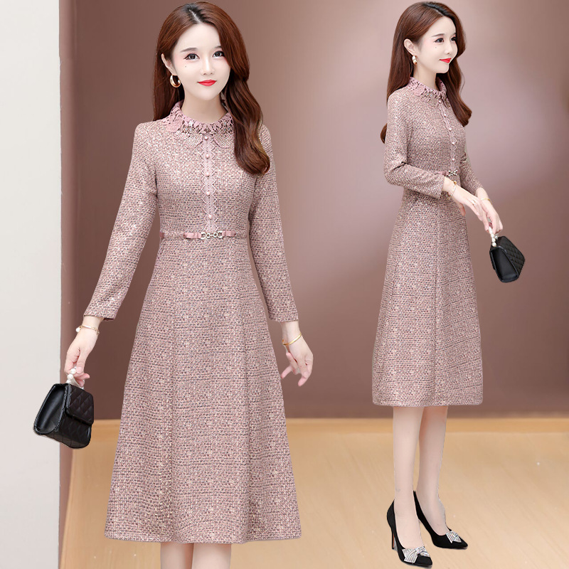 2025 New Spring and Autum Elegant Long-Sleeved Dress for Young and Middle-Aged Women, Over-The-Knee Long Skirt, Middle-Aged Mother's Dress