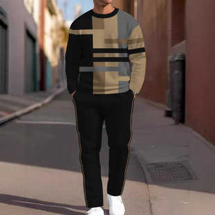 2025 Spring Cross-Border Men's Sports Suit Round Neck 3D Printed Long Sleeve T-Shirt Suit Amazon Hot Selling Spot