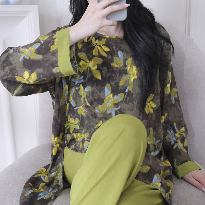 新中式国风棉绸睡衣女春秋薄款盘扣上衣长裤可外穿家居服套装夏天|undefined