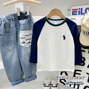 Boys' Long-Sleeve T-Shirt Spring and Autumn Base Shirt 2025 for Older Children, Stylish Boys' Color-Block Top, Autumn Fashion Trend