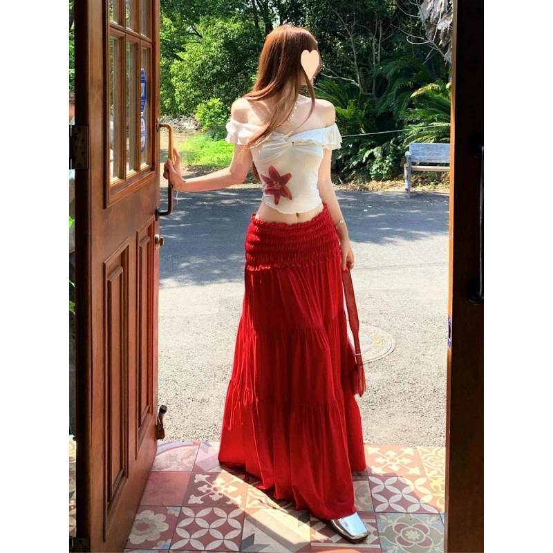 Женский костюм 2025, новый летний стиль, чистое желание, сладкий и пряный, топ на одно плечо + длинная юбка с высокой талией