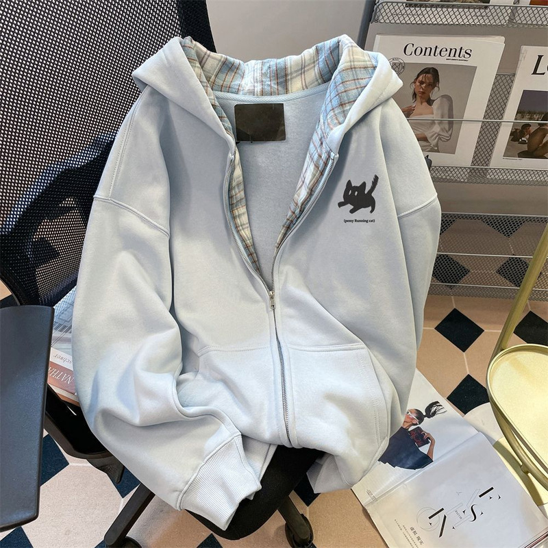 Sky Blue Autumn and Winter Super Nice Pixel Cat Print Hooded Cardigan Sweatshirt for Junior High School Students Beautiful Age-Reducing Jacket