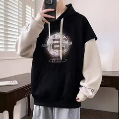 假两件连帽卫衣男生春秋款印花外套潮牌青少年宽松休闲运动打底衫