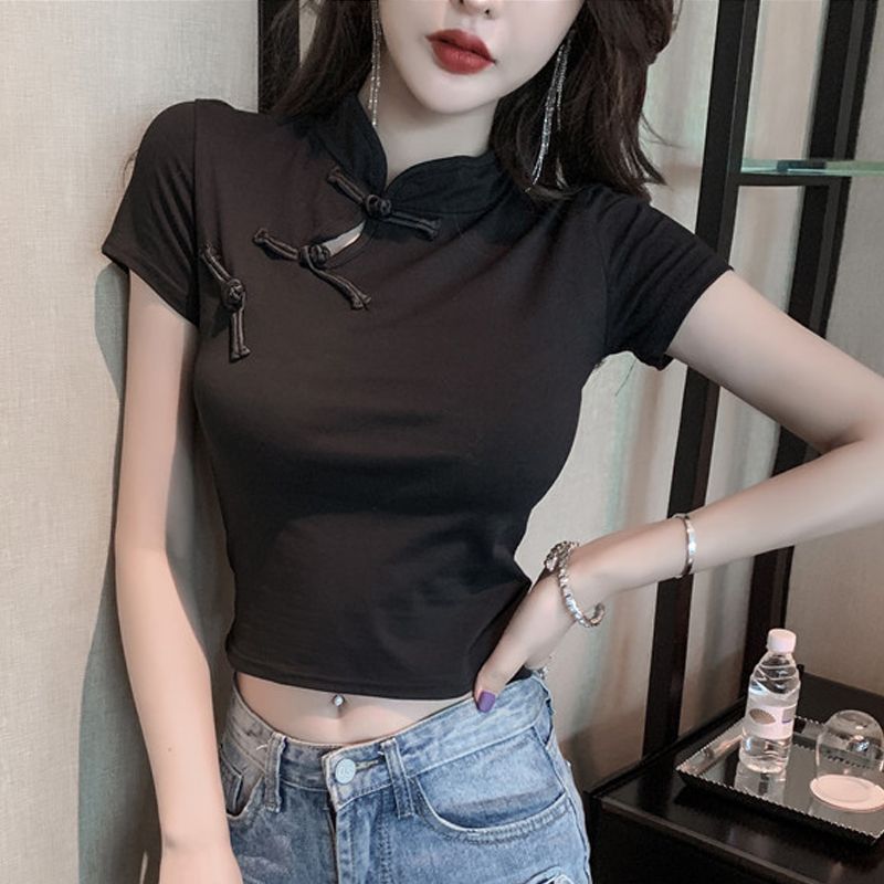 中國風復古盤扣性感短款露臍旗袍上衣女2023夏裝短袖T恤打底衫潮