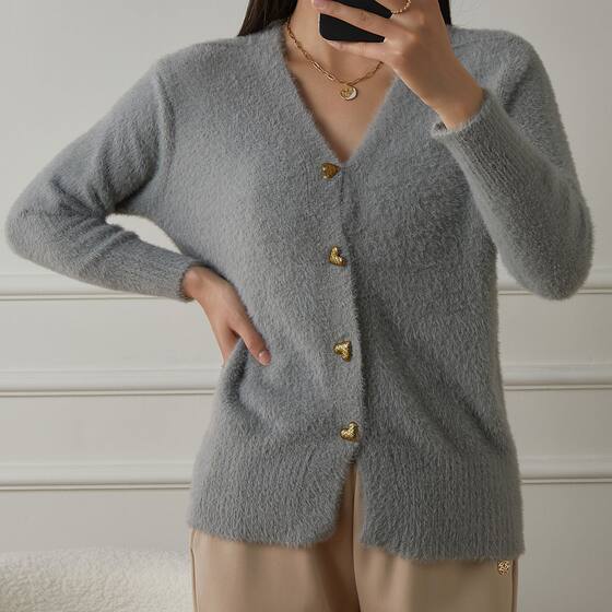 Cross-Border Imitation Mink Knitted Heart Buckle European and American 2025 New Style Lazy Style Design Loose Elegant V Neck Sweater for Women