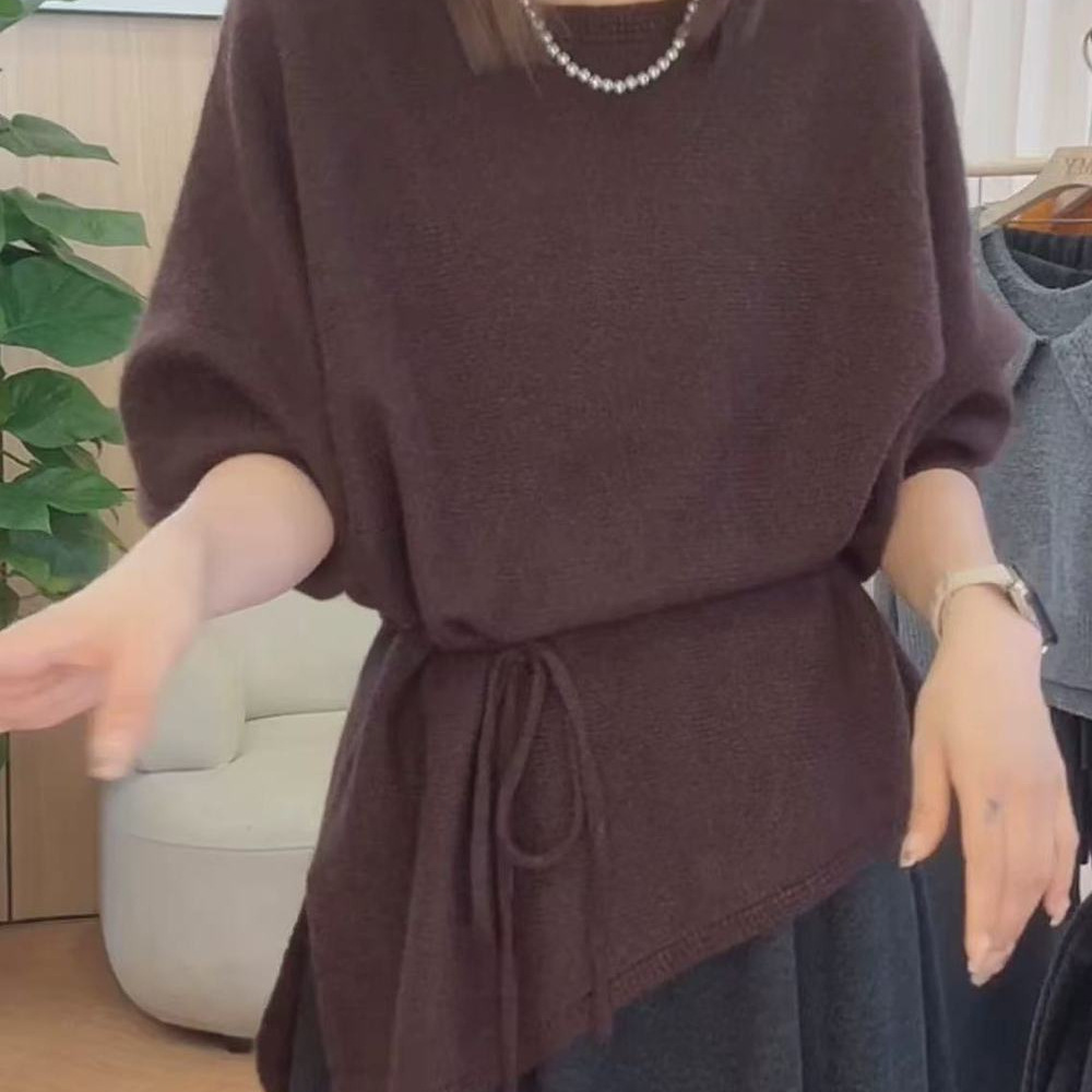 韩版秋冬加厚时尚宽松显瘦松弛感绑带百搭不规则下摆针织衫上衣女