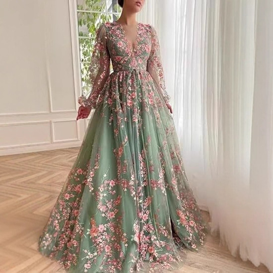 Aliexpress Prom Evening Dresses New Women Formal Floral Dress French Style Long Sleeve Puffy Yarn Embroidery Gown