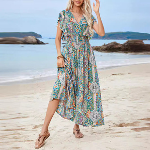 2024 New Cross-border V Neck Backless Rayon Ruffled Short-sleeved Slit Bohemian Holiday Lace-up Dress