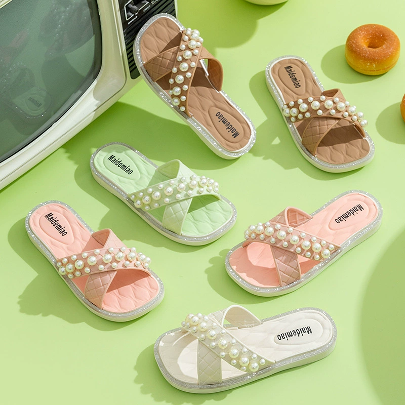 Fashionable children's summer non-slip slippers from pearl, slide indoor for princess, city style, wholesale, soft sole
