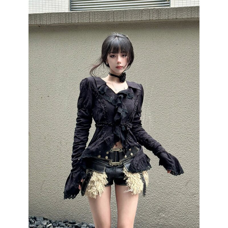 Gothic style black lace waist-cinching top 2026 new model pure desire hot girl V-neck ruffle bell-sleeve shirt