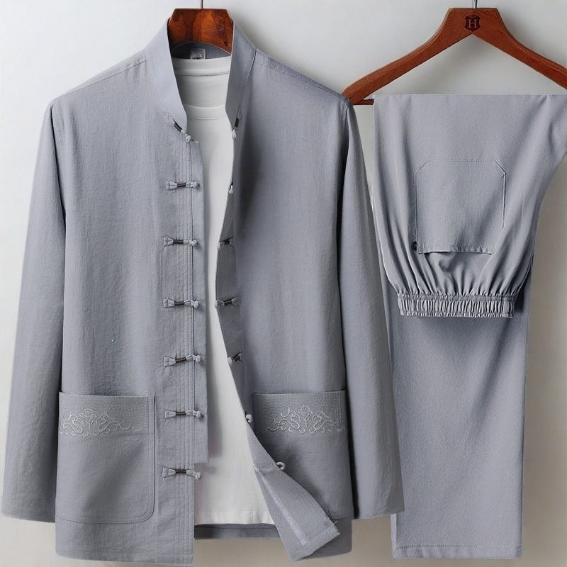 Tang suit for men, long-sleeved, new Chinese style Hanfu for middle-aged and elderly people, spring and summer father's shirt, grandfather's ice silk Tai Chi uniform