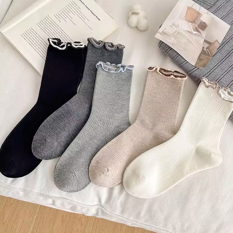 White Ruffled Socks for Women, Autumn and Winter Mid-Calf Socks, Pure Cotton Gray Long Socks, Paired with Loafers and Slouch Socks