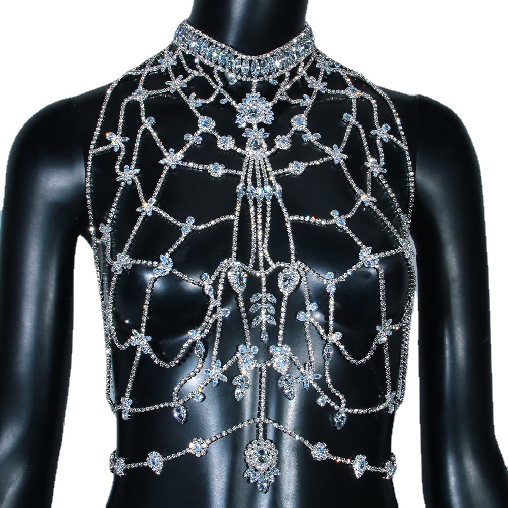 AliExpress Venta caliente rhinestone Cadena de pecho europeo y americano sexy exagerada malla bikini cuerpo cadena accesorios cadena