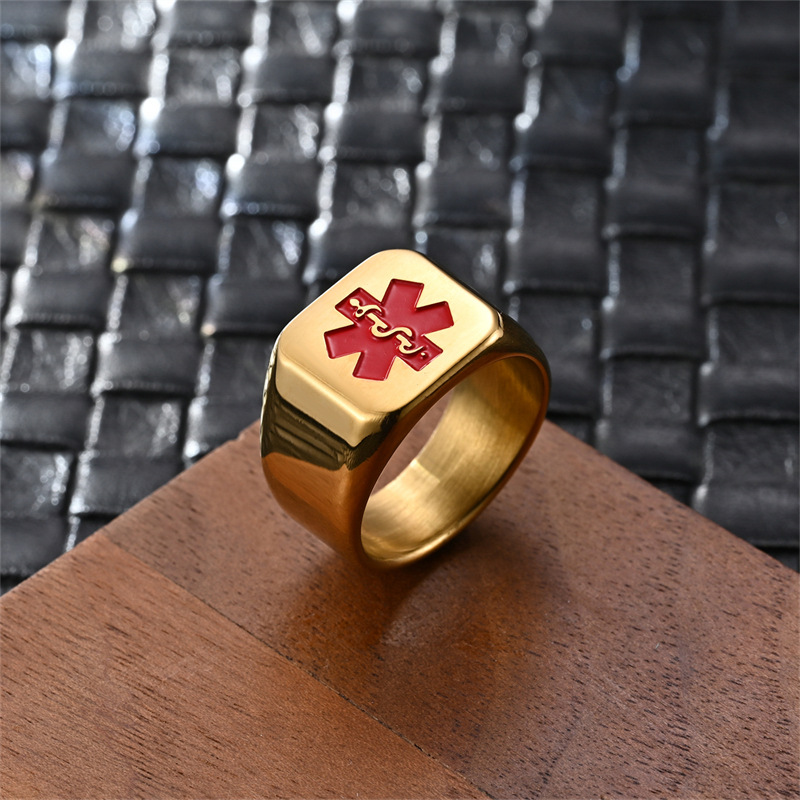 Huayue Cross-Border Hot Selling Personalized Men's Snake Staff Star 304 Stainless Steel Ring International First Aid Logo Titanium Steel