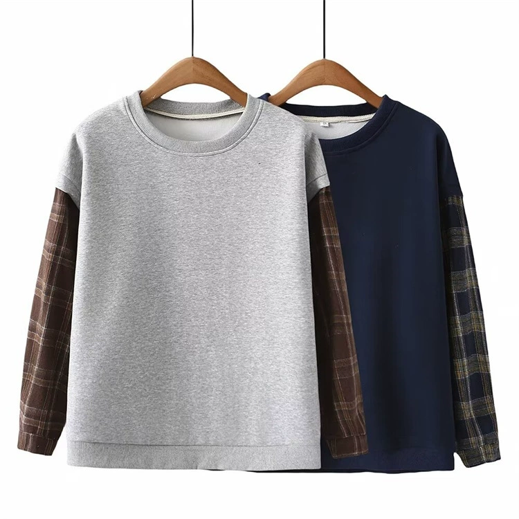 Поддельные две части женской одежды больших размеров 2024 Весна новая пухлая Девушка Повседневная стройнящая строчка клетчатый рукав с круглым вырезом свитер 279