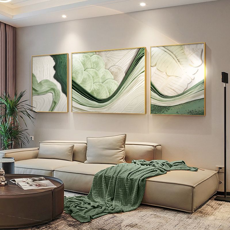 绿色装饰画侘寂风客厅挂画肌理感沙发背景墙画现代抽象三联画壁画