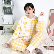 软绵绵睡衣女秋冬季可爱格纹爱心加厚保暖毛线绒家居服套装两件套