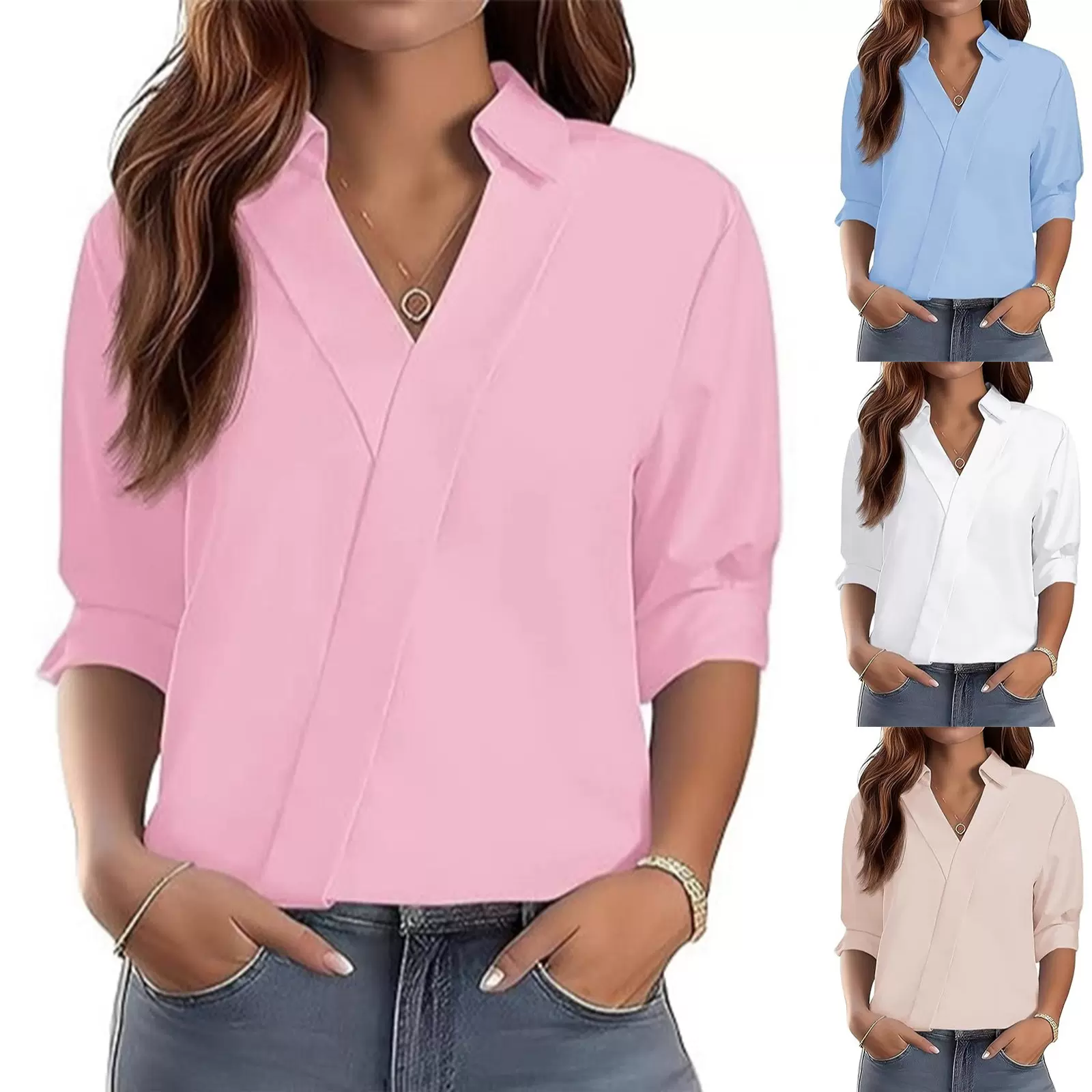 法式POLO领女式T恤春夏季亚马逊欧美女装新款七分袖交叉V领上衣女