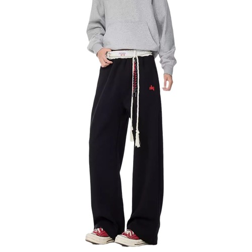 Vintage American Color Blocking Belted Athletic Pants for Men and Women Loose Wide Leg Sweatpants Hip-Hop Jazz Couple Casual Pants Trendy