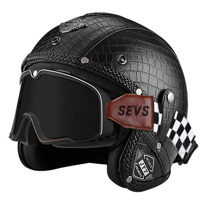 Motorcycle Safety Supplies | Half Helmet Safety Helmet - 555-leather-helmet-black-plaid-large-frame-goggles-black-mirror-s