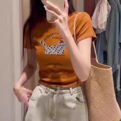 2025新款泰式多巴胺橘色印花正肩短袖T恤女夏季穿搭圆领体恤上衣