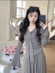 法式气质温柔薄款针织收腰上衣+半裙套装设计感小众甜美长袖外套