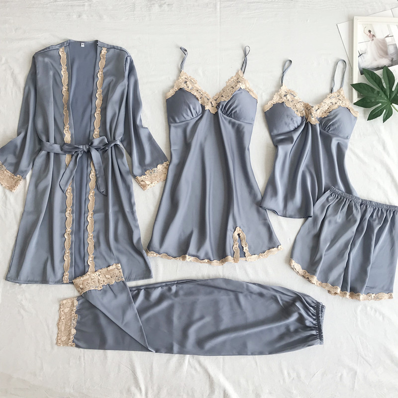 Comercio exterior transfronterizo nuevo pijama con cojín de pecho delgado vestido sexy de cinturón de cinco piezas conjunto de ropa de hogar de lujo ligero
