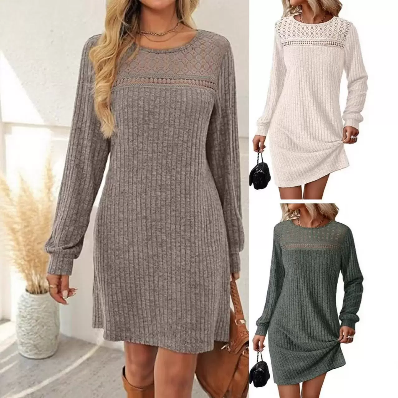 女式花边连衣裙秋冬季亚马逊欧美女装新款设计感针织坑条磨毛中裙