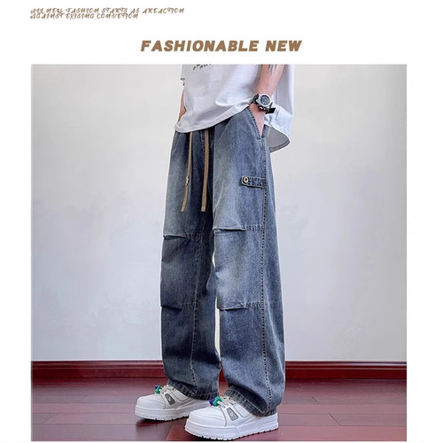 Men's Jeans Spring and Summer Washed Retro American Streetwear Loose Wide Leg Straight Tube Pants Work Pants