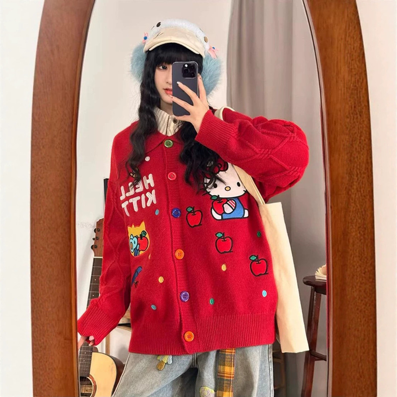 Apple Kitty Cat Embroidered Cardigan Red Sweater for Women, Autumn and Winter Style, New Year Atmosphere Layered Casual Coat for Women Apple Kitty Cat Embroidered Cardigan Red Sweater for Women, Autumn and Winter Style, New Year Atmosphere Layered Casual Coat for Women